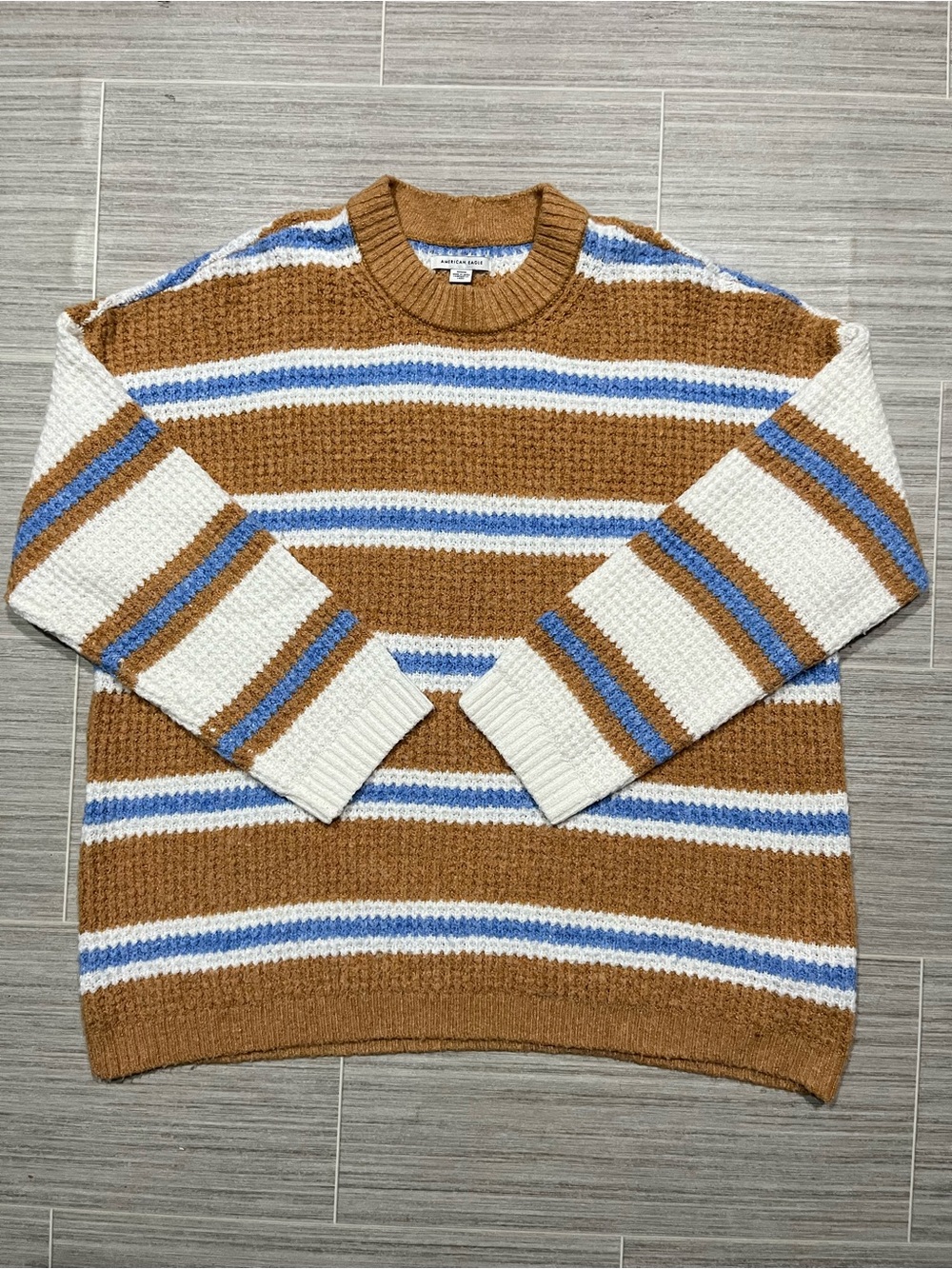 American Eagle Outfitters Striped Crewneck Sweater in Brown, White & Blue